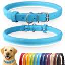 CollarDirect Reflective Rolled Leather Dog Collar, Soft Padded Round Puppy Collar, Handmade Genuine Leather Collar Dog Small Large Cat Collars (15-19 Inch, Light Blue)