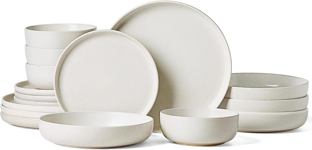 Famiware Milkyway Stoneware Dinnerware Sets with Pasta Bowls, Service for 4 (16 Pieces), Reactive Glaze Plates and Bowls Sets, Microwave and Dishwasher Safe Dishes Set, Matte Beige White