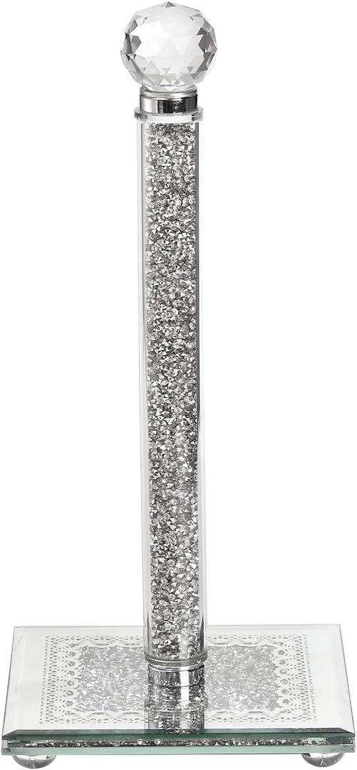 Paper Towel Holder Countertop, Silver Paper Towel Roll Dispenser Stand Weighted Base Non Slip Filled with Sparkly Crystal Crushed Diamond for Home Kitchen Bathroom Tabletop