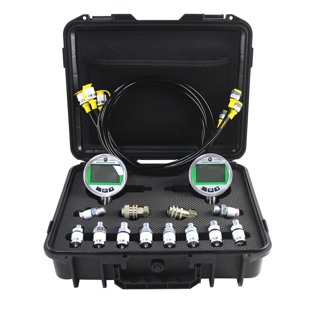 SINOCMP Digital Pressure Gauge Kit with 2 80MPA/12000PSI Pressure Gauges 3 Test Hoses and 12 Couplings Hydraulic Gas Water Pressure Test Kit with Backlight