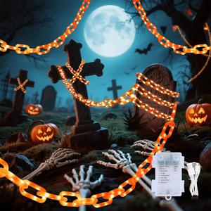 YOUNGAR Halloween Chain String Lights,13.7ft 175LED Battery/USB Operated Plastic Chain Light,Timer Memory with 8 Modes for Haunted House Indoor or Porch, Window, Party Outdoor Decorations (Orange)