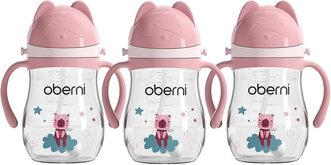Oberni Toddler Sippy Cup, Tritan Baby Water Bottle With NonSpill Valve Spout, Removable Handle and Carry Strap, 270ml/12m+/Pink/Pack of 3