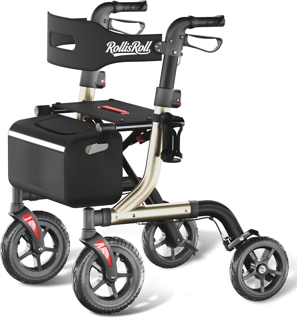 Walkers for Seniors with Seat, Foldable Rollator Walker, Reinforced Aluminum Frame, 10" Big Rubber Wheels for All Terrain, Built-in Cable, Lightweight Rolling Walker, Golden