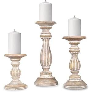 Mela Artisans Whitewashed Hand Carved Wooden Pillar Candle Holders  Set of 3 | Hana Decorative Style | Crafted from Mango Wood | Rustic Table Centerpiece Decor | Sized 6", 9" and 12"