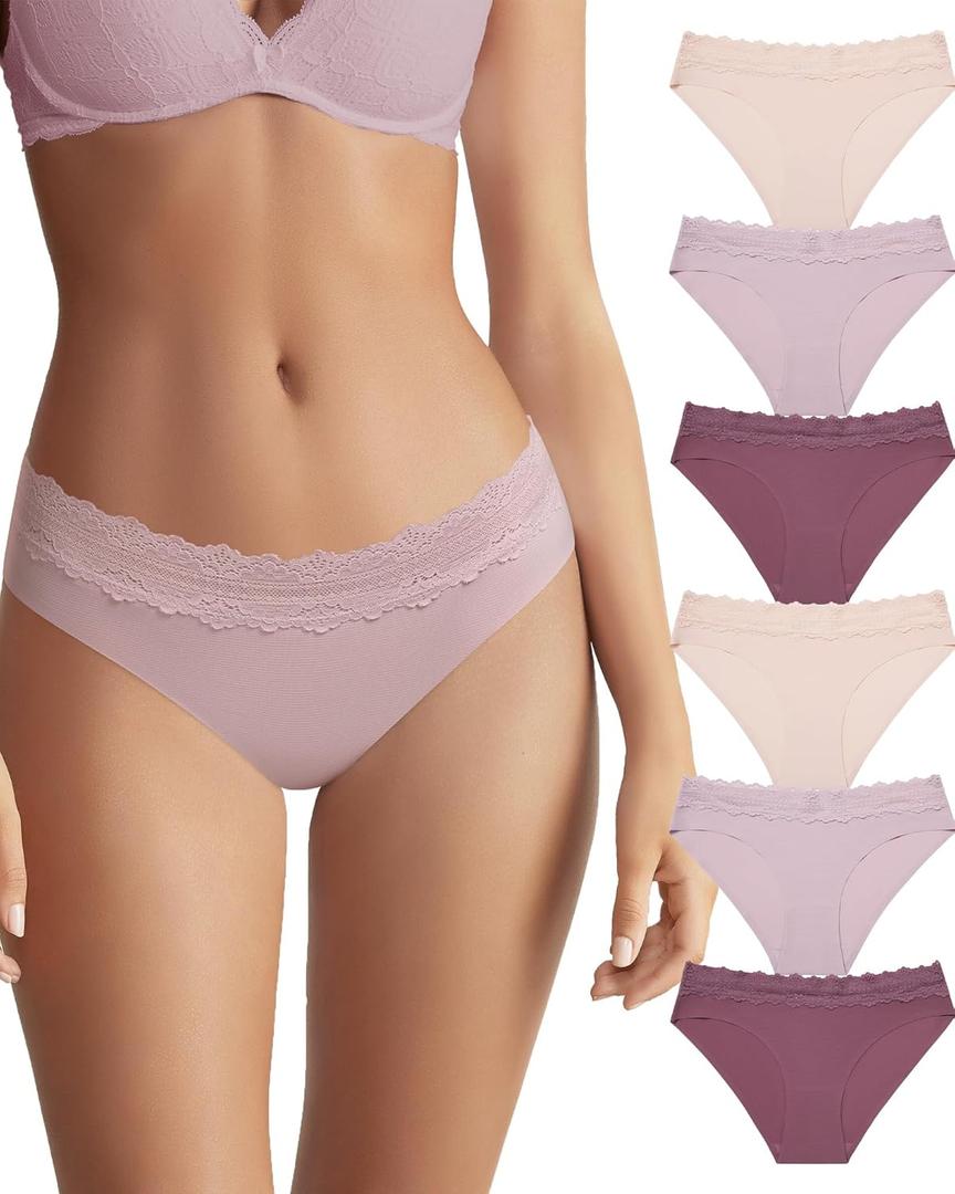 Aijolen Seamless Underwear for Women No Show Bikini Panties Lace Cheeky Hipster 6 Pack L (Large)