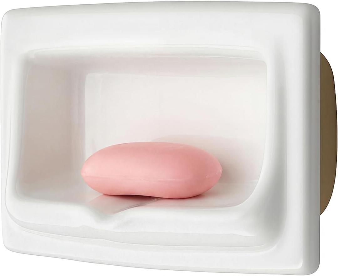 1 Pcs White Vintage Recessed Ceramic Soap Dish for Shower Wall, Space-Saving, Retro Ceramic Soap Holder, Self-draining Built-in Holder for Bathroom & Laundry Keep Dish Dry (Recessed)