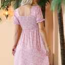 Naggoo Women's Summer Dresses Short Puff Sleeve Casual Square Neck Floral Print Smocked A Line Flowy Beach Sun Dresses