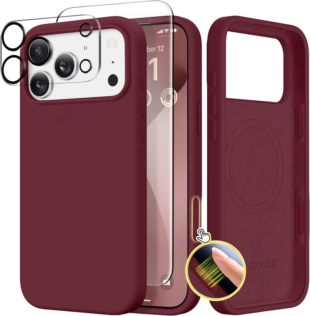 GONEZ Magnetic for iPhone 17 Pro Max Case, Compatible with MagSafe, [Screen Protector + Camera Lens Protector], Liquid Silicone Anti-Scratch Shockproof Protective Phone Case 6.9 inch, Maroon