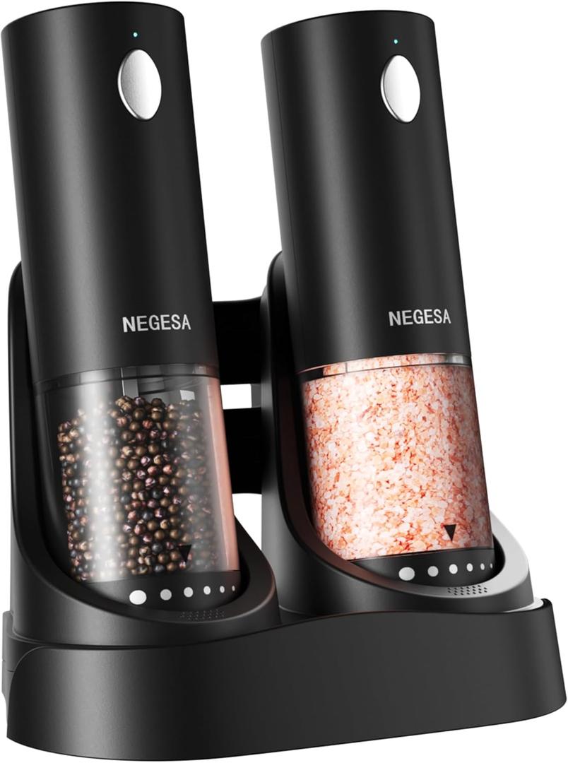 Electric Salt and Pepper Grinder Set with Rechargeable Base - Automatic Refillable Electric Salt and Pepper Shakers with Large Capacity, LED Light & Adjustable Coarseness, Black