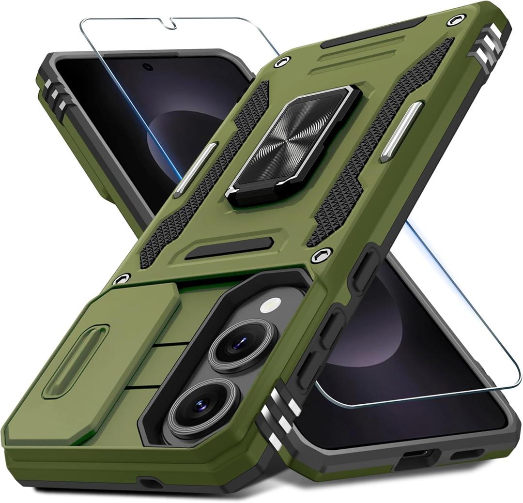 DEERLAMN Case for Samsung Galaxy S25 Edge with Slide Camera Cover+Screen Protector (1 Pack), Rotated Ring Kickstand Military Grade Shockproof Protective Cover-Olive Green