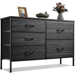 WLIVE Dresser for Bedroom with 5 Drawers, Wide Dressers with Drawer Organizers, Chest of Drawers, Fabric Dresser for Living Room, Closet, Hallway, Charcoal Black Wood Grain Print