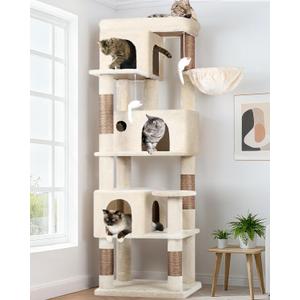 Globlazer Corner Cat Tree 66-inch Multi-Level Climbing Tower Kitty Condos Cat Scratching Tower for Indoor Multiple Cats with Large Platform, 3 Cat Caves, F66, Beige
