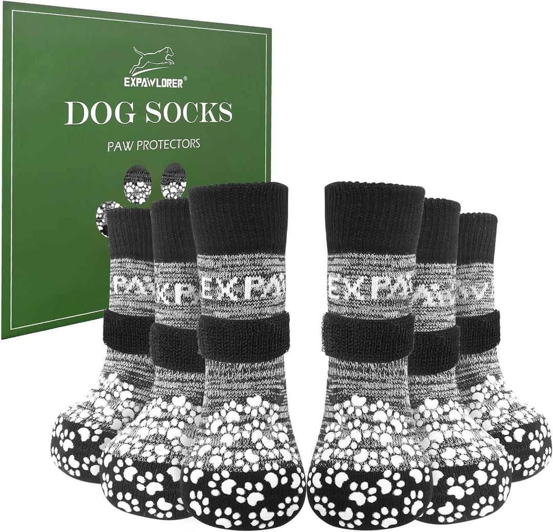 EXPAWLORER 6Pcs Anti-Slip Dog Socks to Prevent Licking Paws,Dog Shoes for Hot Pavement,Dog Booties Traction Control on Hardwood Floor,Boots & Paw Protectors, for Puppy  Senior Dogs (Grey, Small)
