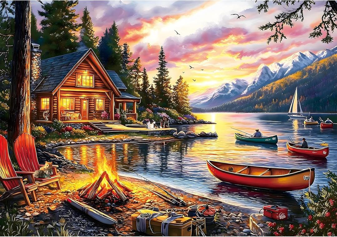 2000 Piece Jigsaw Puzzle for Adults, Lakeside Cabin Sunset with Canoes & Campfire, Mountain Lake Wilderness Landscape Puzzle, Challenging Nature Puzzle for Family Game Nights, 39" x 28"