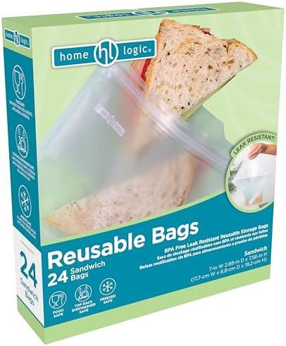 Home Logic Reusable Sandwich Bags – Leak Proof Food Storage for Snacks & More – 24 Bags, 7 Inch Width