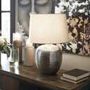 Signature Design by Ashley Magalie Contemporary UL Listed Table Lamp with Modified Drum Shade, 3-Way Switch, Hammered Aluminum, 23.13" High, Antique Silver