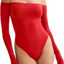 HYZ Women's Sexy Off The Shoulder Long Sleeve Backless Basic Going Out Thong Bodysuit Tops (Red)