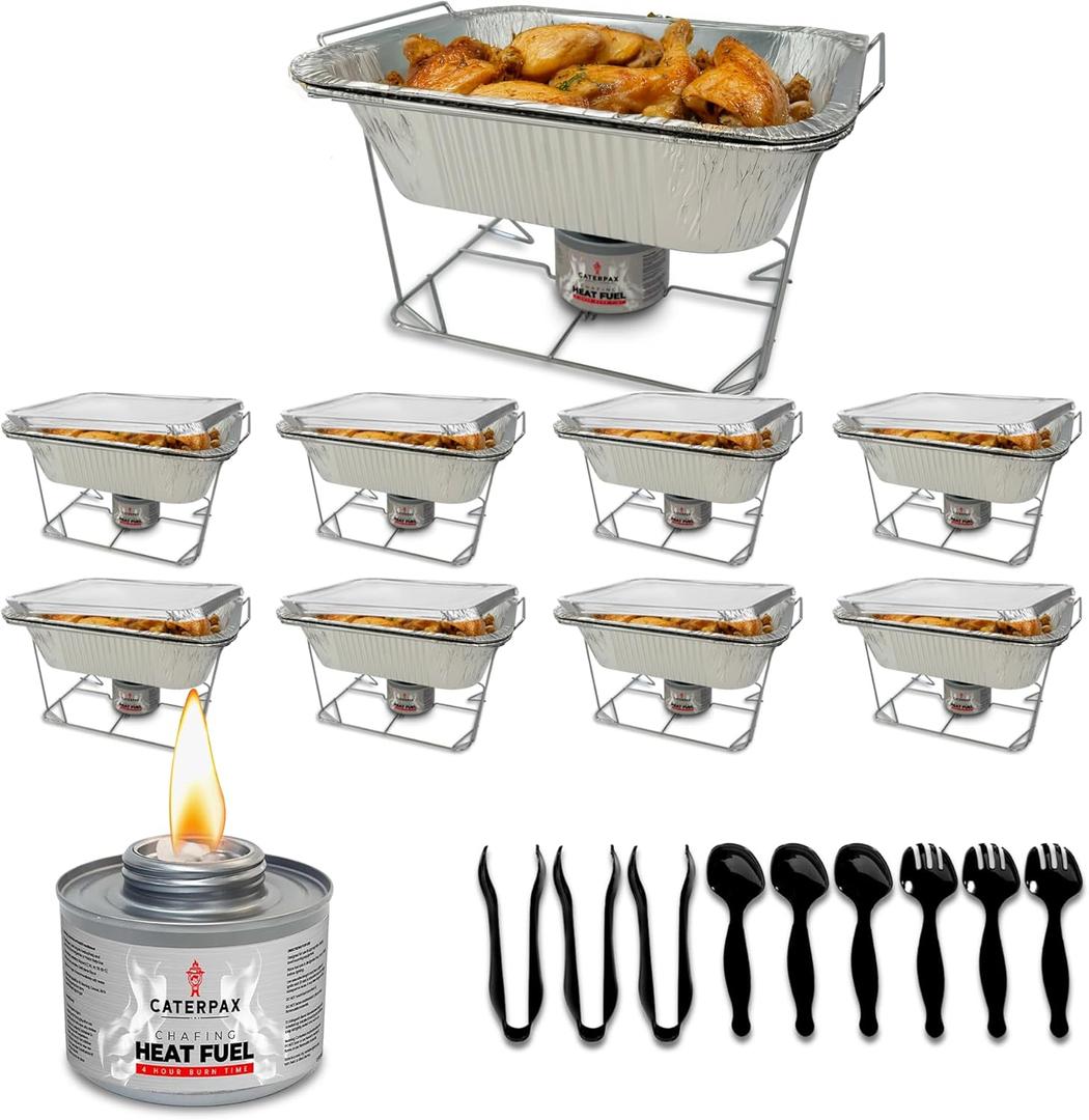 9 Pack - Disposable Chafing Dish Buffet Set (57 PCS)  Catering Food Warmers with 9 x Half Size Aluminum Pans, Foil Lids, Foldable Racks, Utensils & Fuel Cans - Perfect for Parties, Weddings & Events