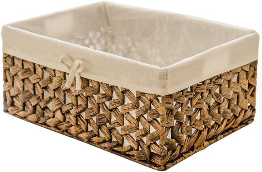 Rectangular woven storage basket with side handles and removable fabric liner. Natural beige and white design, sturdy and lightweight, perfect for organizing shelves, closet, bathroom, or laundry.Size:14" x 12" x9.5 in