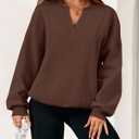 dowerme Oversized Sweatshirt for Women Casual Long Sleeve V Neck Comfy Fleece Pullover Tops Pockets Fall Outfits 2025 (Brown, S)