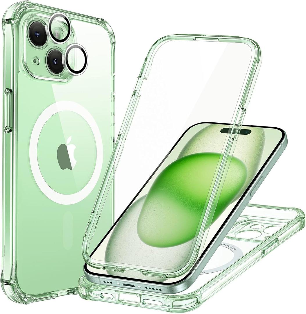 ESR for iPhone 15 Case, Compatible with MagSafe, Full-Body Military-Grade Drop Proof Case with Built-in 9H+ Tempered Glass Screen Protector, Armor Series, Clear Green