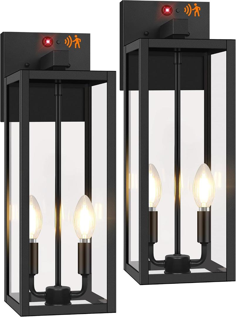 2-Pack Upgraded Motion Sensor Outdoor Wall Lights, 18” Large Dusk to Dawn Porch Lights Outdoor Wall Sconce Lantern, 3 Lighting Modes Exterior Lighting Fixtures, Black Outside Lights for House Garage, 18in
