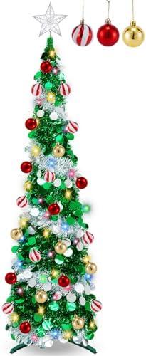 5 Ft Pop Up Tinsel Christmas Tree with 60 Warm White & Multi Color Change Lights, Glitter Prelit Pencil Christmas Tree with Timer 18 Ball Ornaments for Xmas Tree Home Indoor Decoration (Green Sliver)