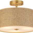 13" Woven Rattan Boho Ceiling Light Fixture, 3-Light Modern Semi Flush Mount Lamp with Drum Fabric Shade, Rustic Brown Lighting for Bedroom, Dining Room, Living Room, Hallway, Entryway