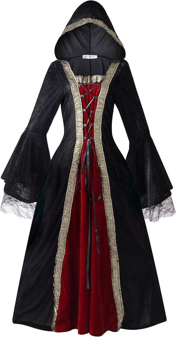 Colorful House Women Medieval Tea Party Dress Victorian Era Bubble Sleeves Velvet High Waist Long Dress with Belt and Gloves (X-Large, Black(hooded))