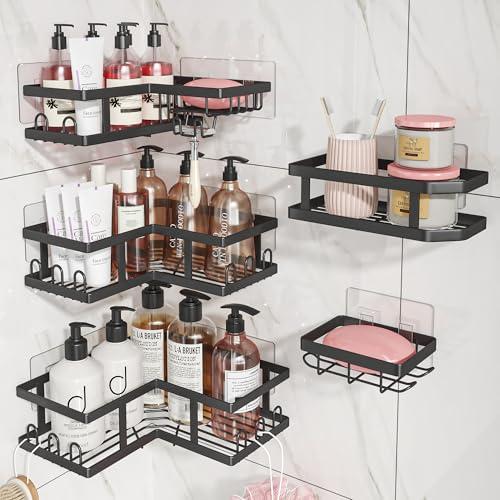Shower Caddy Corner with Soap Holder, No Drilling Shower Shelves-Rustproof, Adhesive Shower Organizer Corner for Dorm. Black, 4-Pack