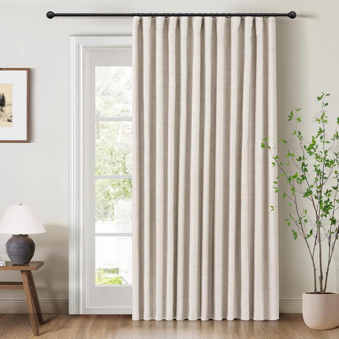 INOVADAY 100% Blackout Curtains for Bedroom, Black Out Curtains 96 Inch Long, Clip Rings Linen Blackout Drapes, Thermal Insulated Room Darkening for Living Room, 1 Panel - Beige,W102xL96