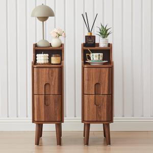 Narrow Nightstand Set of 2, Wood 2 Drawer Small Nightstand, Slim Side Table, Modern Skinny End Bedside Table, Natural Wood Night Stand with Drawers for Bedroom (Walnut-2 pcs), 15.75"D x 7.87"W x 25.59"H