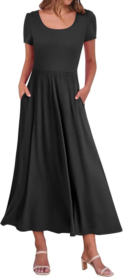 ANRABESS Women Summer Casual Maxi Dress Short Sleeve Square Neck High Waist Flowy A-Line Beach Long Dress with Pockets Black Small (Black, S)