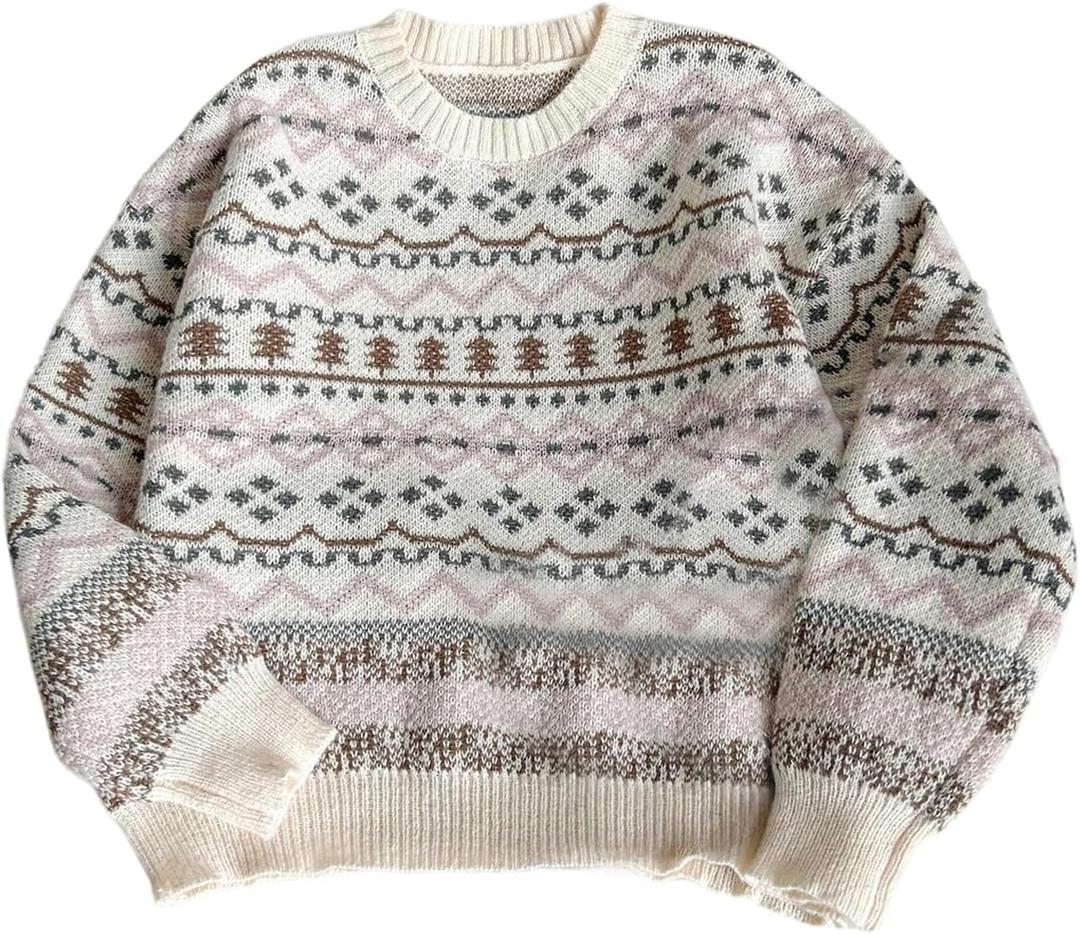 Floerns Women's Vintage Long Sleeve Sweaters Crewneck Retro Halloween Fall Outfit Pullover Tops (Beige, M)