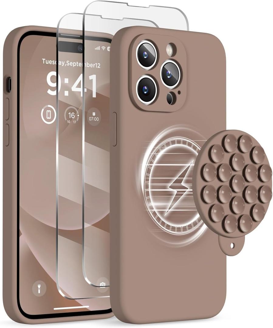 Magnetic for iPhone 14 Pro Max Case, Compatible with MagSafe, [Full Camera Protection][2 Screen Protectors], Suction Cup Phone Mount Silicone Shockproof Protective Phone Case 6.7", Light Brown