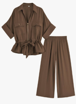 Mingzhu Women's 2 Piece Outfits Short Sleeve Zipper Drawstring Waist Safari Shirts Elastic Waist Wide Leg Pants With Pockets, Size Medium