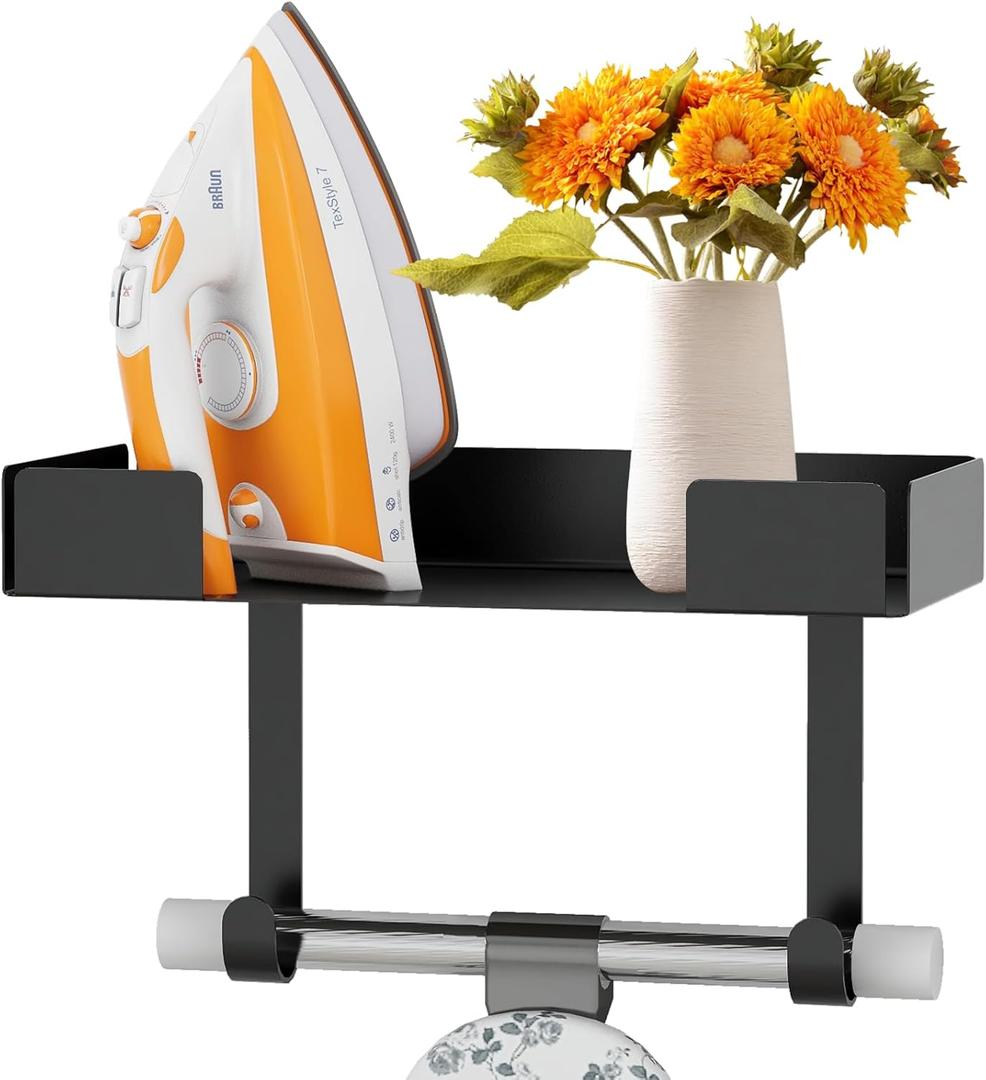 JUYSON Ironing Board Holder, Wall-Mounted Iron and Board Set Storage for Laundry Rooms (Black) (Black-with Shelf)