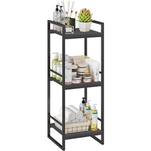 BYFU 3 Tier Bathroom Storage Open Shelf, Freestanding Metal Corner Storage Rack Shelving Unit for Bathroom Kitchen Living Room Hallway, Black