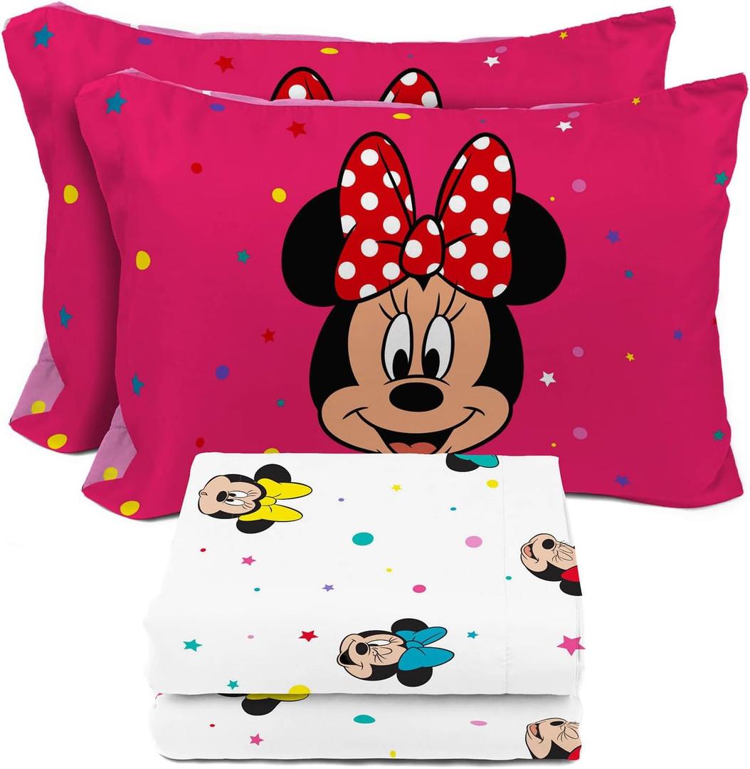 Sunny Side Up Disney Minnie Mouse Full Sheet Set - 4 Piece Kids Bedding Set Includes Pillow Cover - Super Soft Rainbow Dots Microfiber Sheets