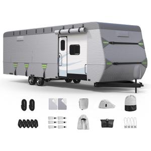 ACTFLAME 7-Layer Thickened RV Cover, 24-27ft Ultra Windproof & Tear Resistant Travel Trailer Cover, All-Weather Camper Cover with 6 Vents & Breathable Design, 5+2 Reinforced Straps and Complete Kit