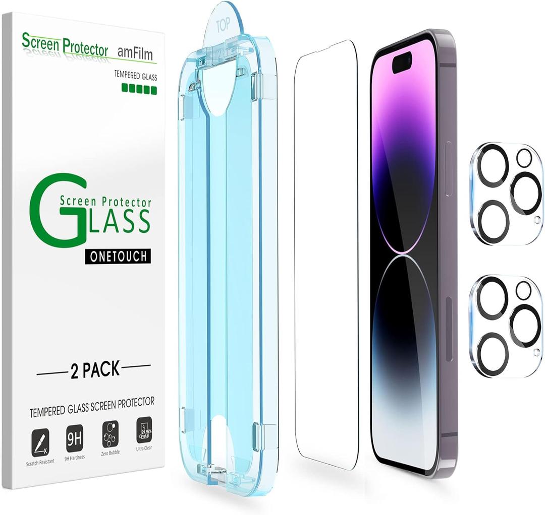 amFilm OneTouch Glass Screen Protector for iPhone 14 Pro 6.1 Inch 2022 with Camera Lens Protector, Easiest Installation, Dynamic Island Compatible, Bubble Free, Tempered Glass, 2+2 Pack