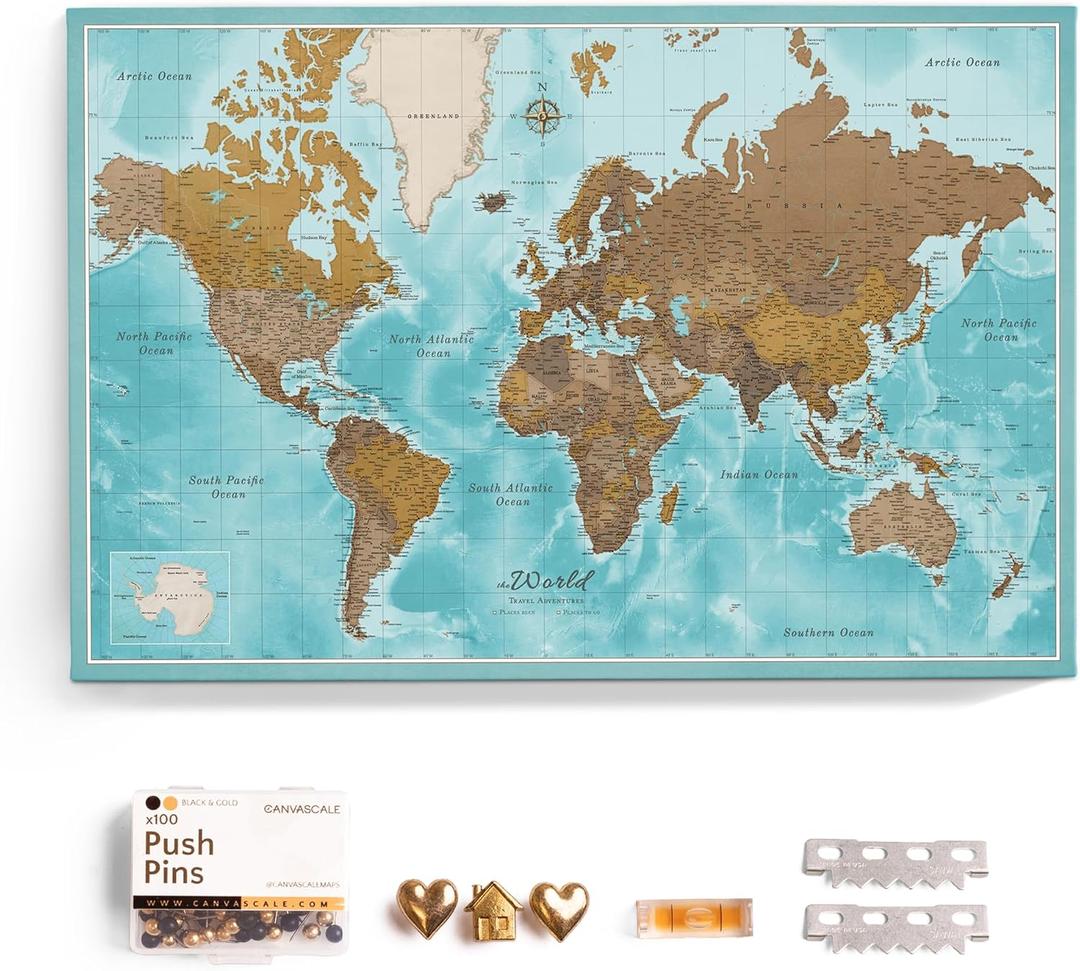 Canvas World Map with Cork Pin Board - English Lettering - Decorative Wall Decoration for All Rooms - Canvas Pictures with World Map Motif (90x60 cm, Pattern 10)
