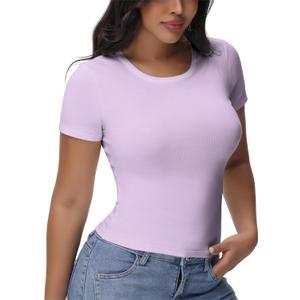 Womens T Shirts Basic Short Sleeve Crew Neck Slim Fit Tees Summer Workout Casual Bodycon Tops 2025 (L)