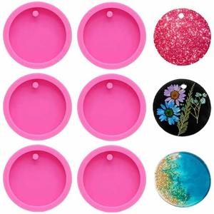 6 Pack Round Keychain Silicone Mold Flat Circle Keychain Charms Epoxy Resin Molds Casting Molds with Hole for DIY Earrings Pet Tag Christmas Ornaments Wedding Favor Jewelry Crafts Making (2 inch)