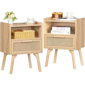Lerliuo Rattan Nightstands Set of 2, Boho Side Table with Drawer Open Shelf, Cane Accent Bedside End Table with Solid Wood Legs for Bedroom, Dorm and Small Spaces (Natural)
