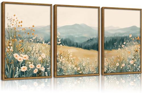 Framed Boho Mountains Flower Canvas Wall Art Daisy Wildflower Landscape Pictures Wall Decor Abstract Watercolor Floral Painting Green Natural Scenery Poster Artwork for Living Room Bedroom Office