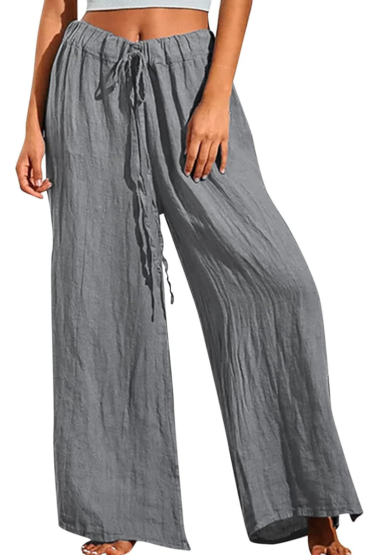 XUNRYAN Women's Palazzo Casual Linen Capri Pants Wide Leg Lounge Pants Elastic Waist Comfy Trousers Pajamas Bottom L