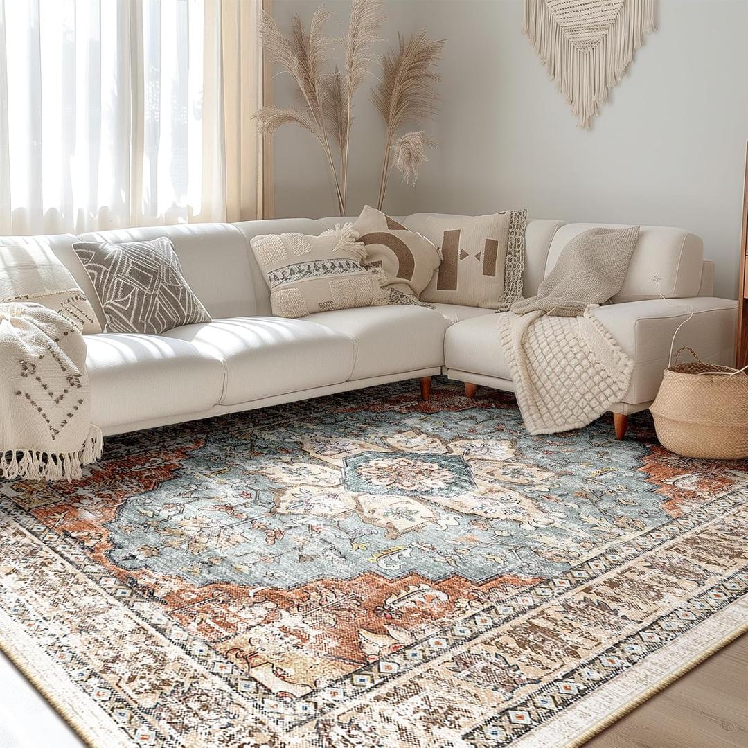 BESTSWEETIE 9x12 Area Rug Washable Rugs for Living Room, No Pile Boho Carpet for Entryway Bedroom Dinning Room, Vintage Carpet Print Distressed Non-Slip, 9 x 12 ft, Green Brick Rust Red