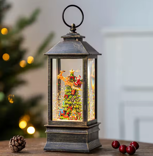 Snow Globe Christmas Lantern Decorations, Musical Snow Globe Lantern with Swirling Glitter, Christmas Tree Lighted C