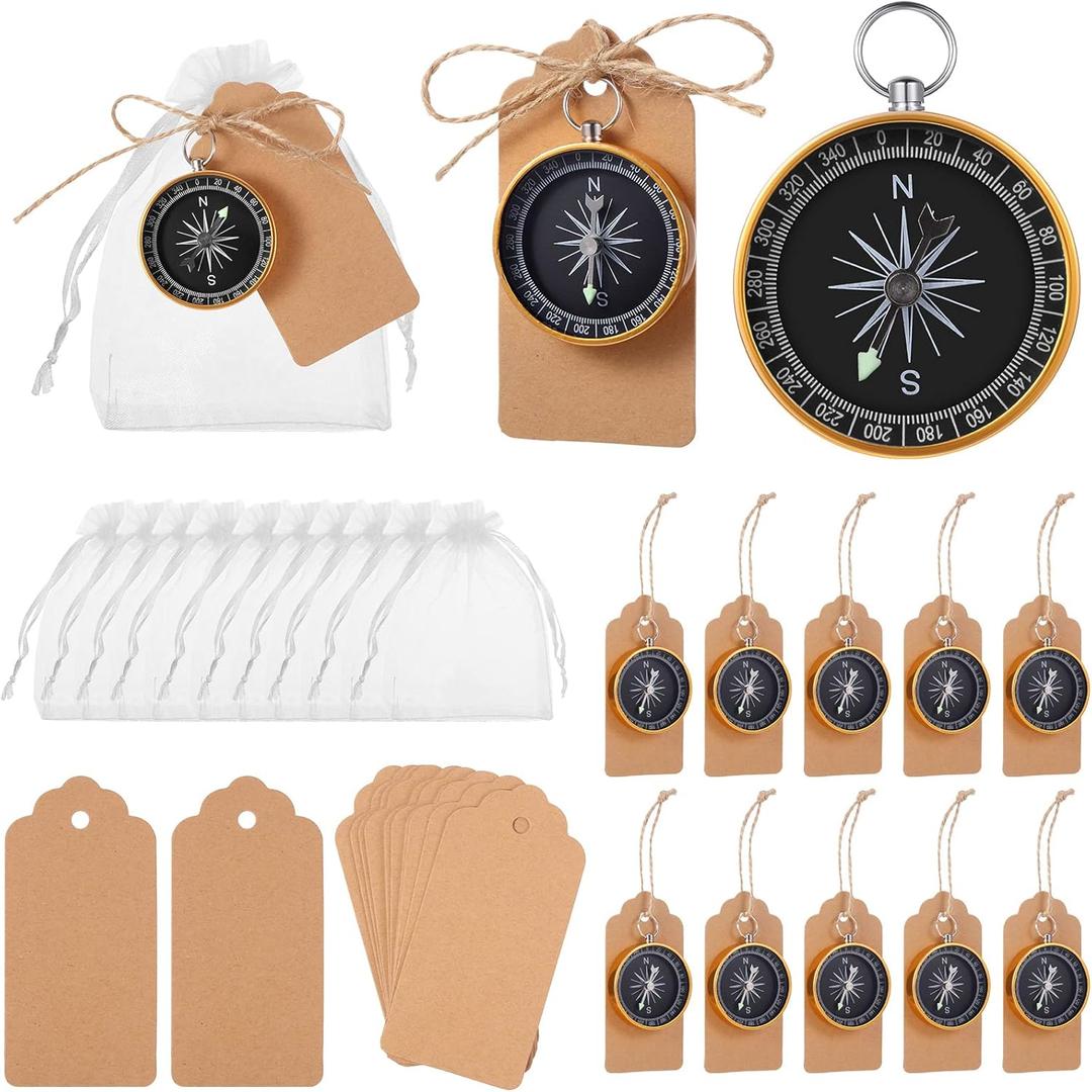 60 Pcs Compass Wedding Favors Set Mini Compass Souvenir Present Nautical with Kraft Tags and White Organza Bag for Guests Birthday Wedding Nautical Travel Party Souvenir Gift Favors (Gold)
